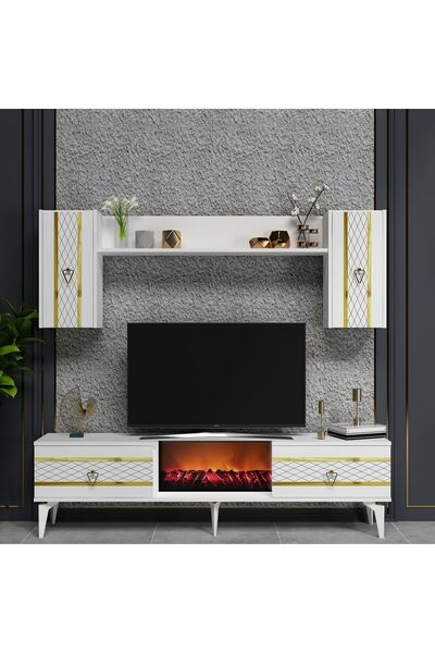 DEMONTE DECOR PELİN TV ÜNİTESİ TAKIMI ŞÖMİNELİ BEYAZ-ALTIN