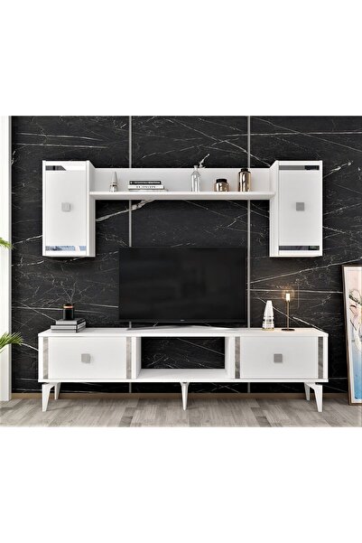 DEMONTE DECOR Doruk Tv Ünitesi Beyaz Gümüş 4 Kapaklı