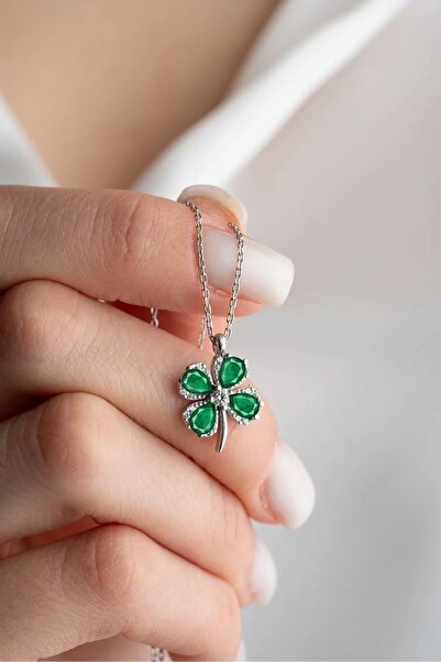 Karem Jewellery Yeşil Dört Yapraklı Şans Yoncası Gümüş Kaplama Kadın Kolye