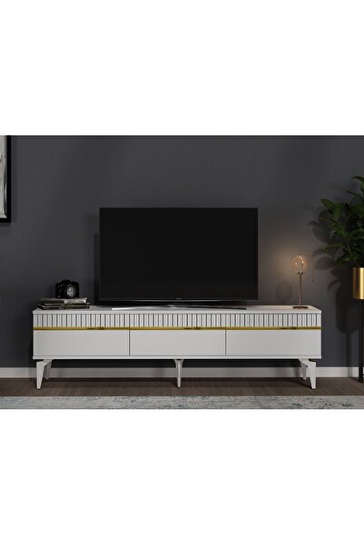 DEMONTE DECOR Deffne 180 Cm Tv Sehpası Beyaz-altın