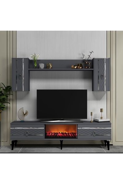 DEMONTE DECOR PELİN TV ÜNİTESİ TAKIMI ŞÖMİNELİ ANTRASİT-GÜMÜŞ