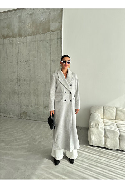 Laluvia Světle šedý prémiový emblémový dvouřadý vlněný límec-44327