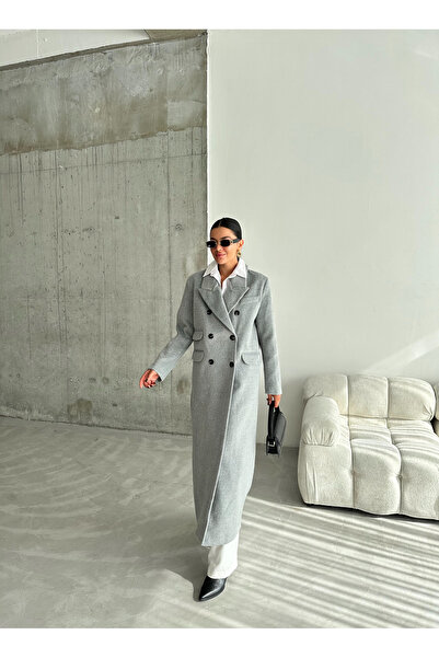 Laluvia Šedý prémiový emblémový dvouřadý vlněný kabát-44327