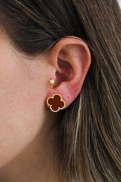 Shine All Day by Sevgi 925 Ayar Gümüş Gold Kaplama Kaplan Gözü  Yonca Küpe