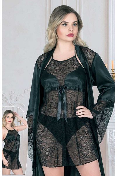 Angels Story Set cămașă de noapte și rochie neagră din dantelă din satin și dantelă - 1156