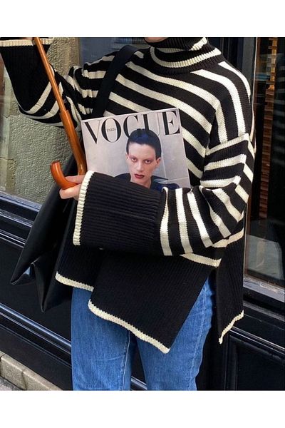 OlaLady Pulover oversize cu gât în dungi pentru damă, cu fantă laterală