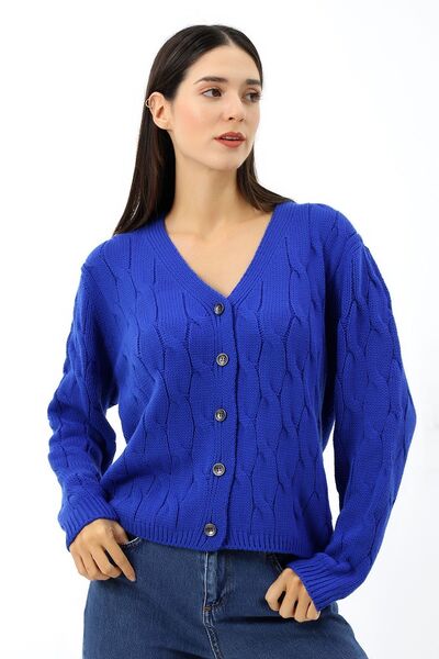 Devinka Saks Blue Soft Textured Knitwear Γυναικεία Ζακέτα - Με Κουμπιά