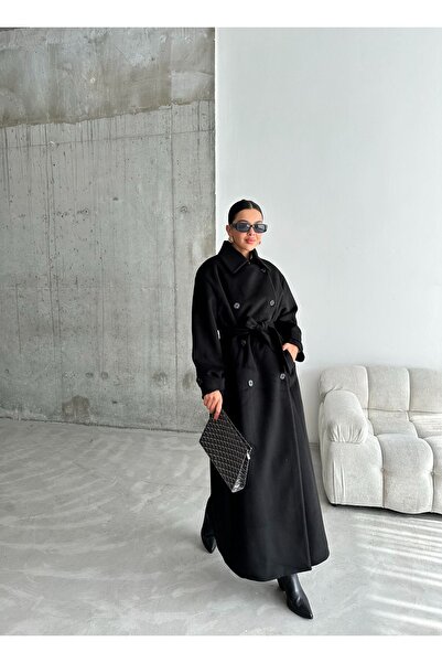 Laluvia Černé nárameníky dlouhý kabát s knoflíky a páskem-54476