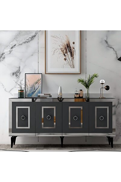 DEMONTE DECOR KARYA KONSOL 4 KAPAKLI RAFLI ANTRASİT-GÜMÜŞ