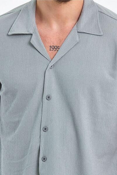 CLIPMAN Чоловіча сорочка Slim Fit з малюнком, з льону, з коміром-апаш, з короткими рукавами, сіра