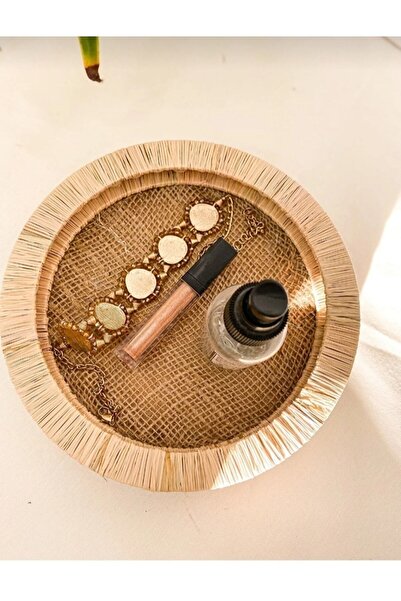 homeyandlovey Ahşap Boncuklu Hasır Doğal Rafya Tepsi, Dekoratif Tepsi, Banyo, Ev, Masa Için Dekor Tepsi 25 Cm Çap