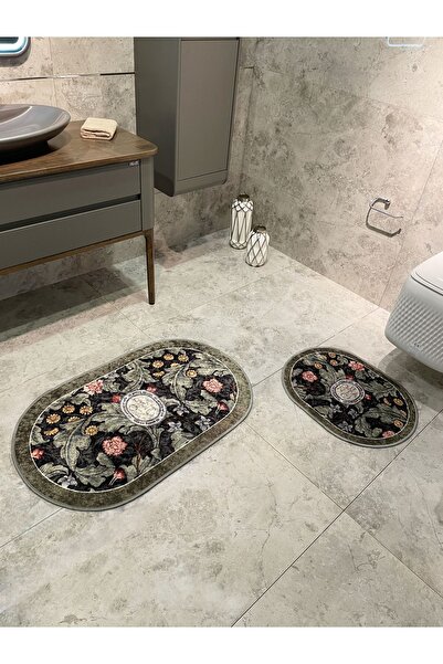 Brillant 2 li Çiçek Desenli 60x100 - 60x50 Botanic Lateks Taban Banyo Paspas