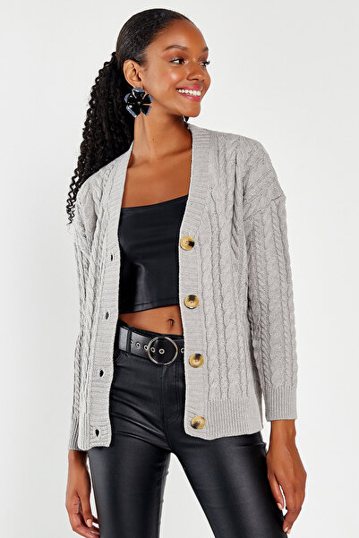 Hopoi سترة نسائية محبوكة منقوشة - بأزرار