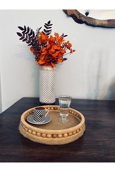Süs Dükkanı Wicker Wooden Beaded Tray Presentation Decorative Tea Coffee Tray Diameter 24 Cm