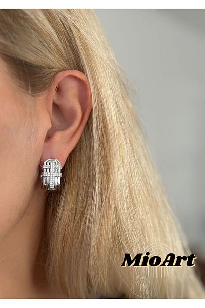 MioArt Baguette Patterned Triangle Jewelled Steel Serenay - Sarıkaya Combination Earrings