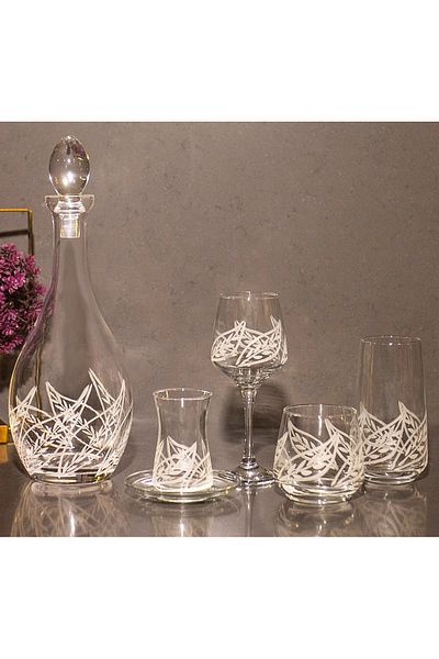 sudeka 12 Person 61 Piece Leaf Hand Decorated Glass Water Cup and Soft Drink Cup Set