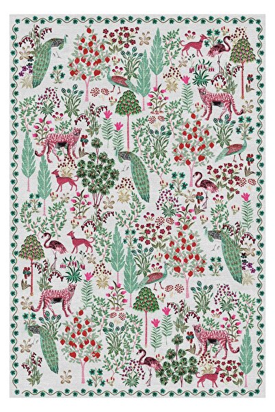 kilim home Mars 195 Yeşil Pembe Botanik Çiçeksi Pastel Modern Dokuma Taban Halı