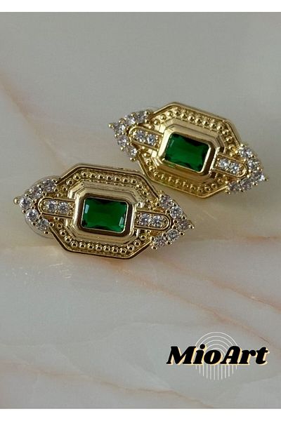 MioArt Baguette Patterned Triangle Jewelled Steel Serenay - Sarıkaya Combination Earrings