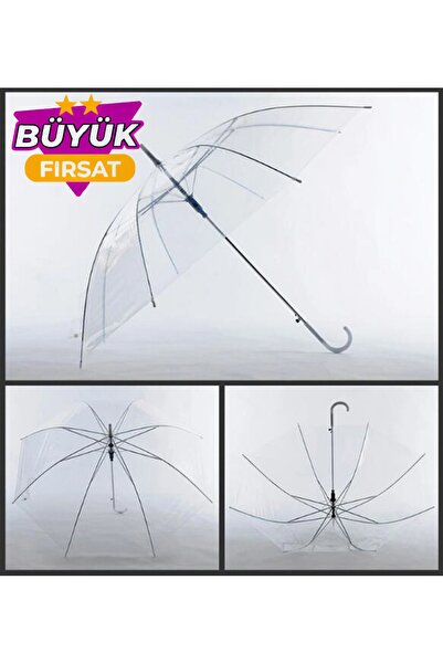 MACERATİ 8 Telli Fiber İskelet Otomatik Açılır Baston Şeffaf Şemsiye