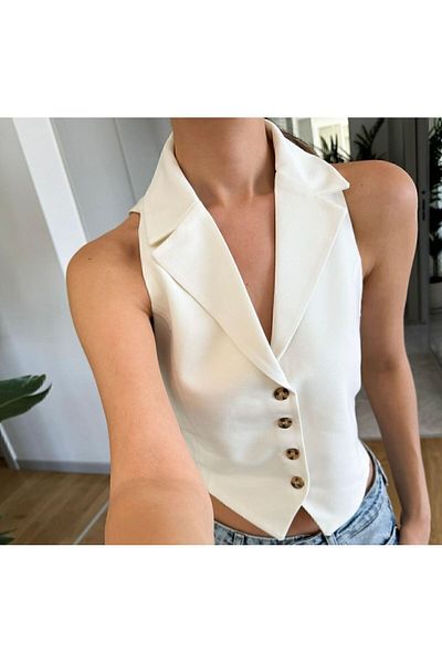 Meros Atelier Ecru Color Cut Out Lined Vest