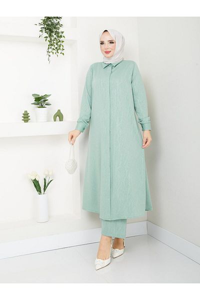 asyadabutik Plus Size Jacquard Long Shirt and Trousers Set - Seasonal