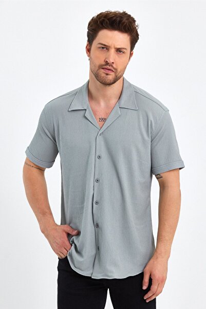 CLIPMAN Erkek Slim Fit 2'li Kendinden Desenli Keten Apaş Yaka Kısa Kollu Gömlek Gri Beyaz