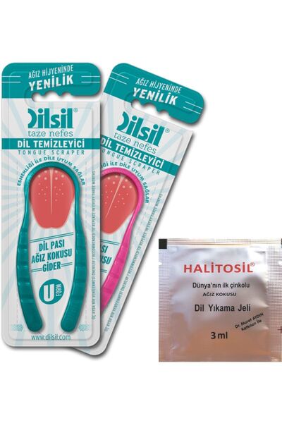 Dilsil Dil Temizleyici Sıyırıcı Kaşık (2li Paket) + Halitosil Ağız Kokusu Giderici Dil Jeli (3 Ml)