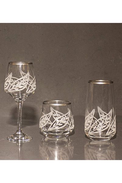 sudeka 12 Person 37 Piece Leaf Hand Decorated Silver Glass Water Cup Set - Soft Drink Cup Set