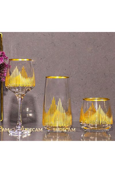 sudeka Flame Hand Decoration for 6 People - 18 Pieces Gold Glass Water Cup and Soft Drink Cup Set
