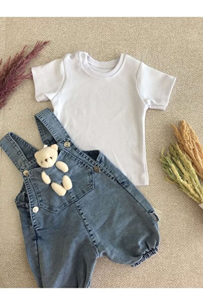 Zuzi Bebe Unisex Kot Salopet Beyaz T-shirt 2'li Takım Ayıcıklı