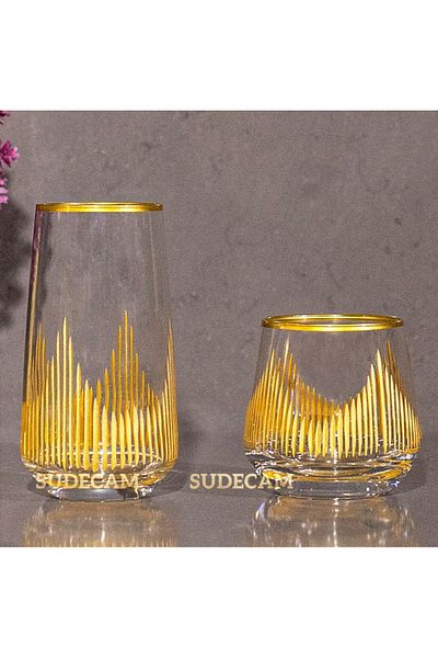 sudeka Flame Hand Decoration for 6 People - 12 Pieces Gold Glass Water Cup and Soft Drink Cup Set