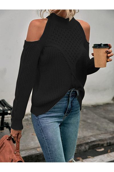 AQE FASHION Pulover din tricot negru cu gât roscat - Detaliu pe umeri și păr tricotat Thessaloniki