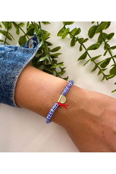Atelier Çağla Blue Striped Bracelet with Glass Bead Detail