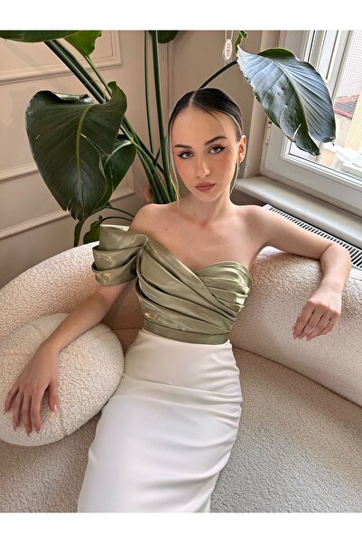 Genel Markalar Tek Omuz Çift Renk Midi Boy Abiye Elbise Düğün Nişanlık Mezuniyet