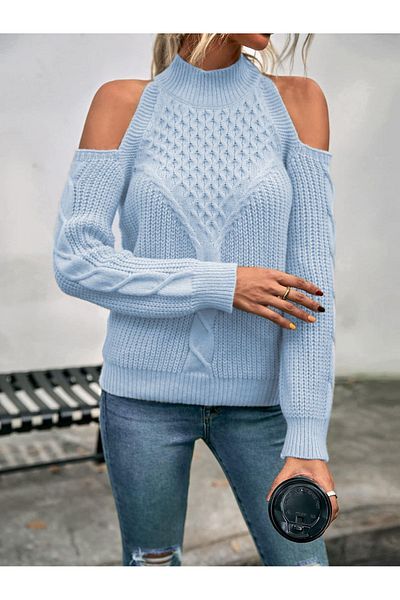 AQE FASHION Pulover de damă cu gât țesut cu detaliu din împletitură de păr Thessaloniki Baby Blue