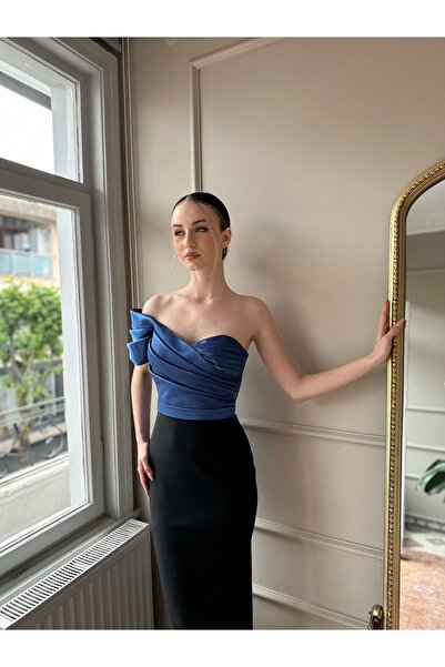 Genel Markalar Tek Omuz Çift Renk Midi Boy Abiye Elbise Düğün Nişanlık Mezuniyet