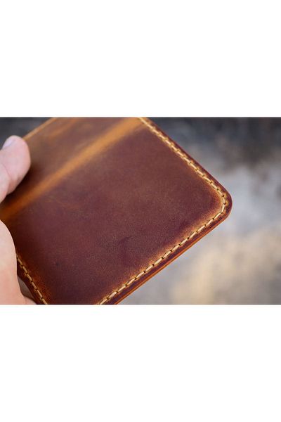 Derici Amca Genuine Calf Leather, Handmade Minimal Vertical Card Holder Wallet 4 Compartments Pocket Small Camel