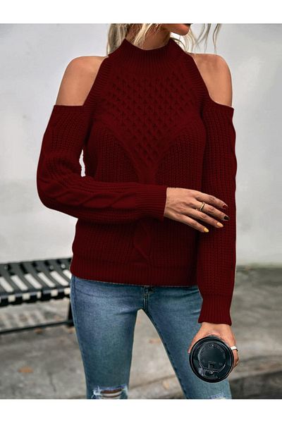 AQE FASHION Pulover de tricotaj cu gât roșu Claret - Detaliu de tricotat de păr Thessaloniki pe umeri