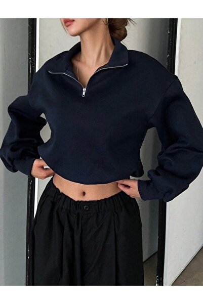 DEZZİİ Темно-синій комір-стійка - однотонний пуловер на блискавці