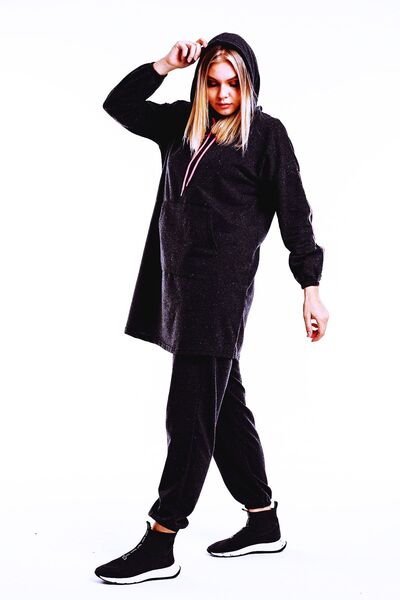 CNG MODA Oversize Model Black Pink Highlighter Hijab Tracksuit Set