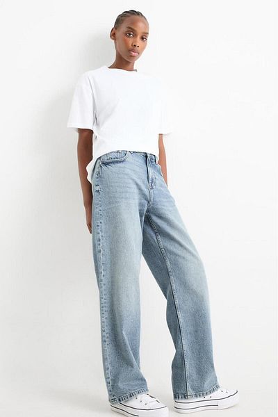 Sezka Life Pantaloni din denim albastru gheață cu talie înaltă - 100% bumbac