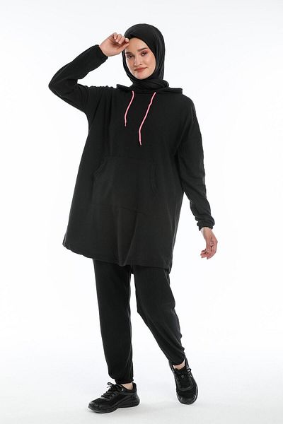 CNG MODA Oversize Model Black Pink Highlighter Hijab Tracksuit Set