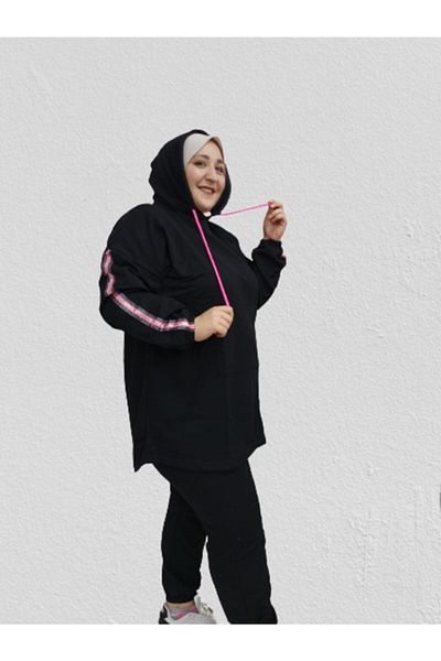 CNG MODA Large Size Hijab Oversize Model Black Pink Highlighter Tracksuit Set