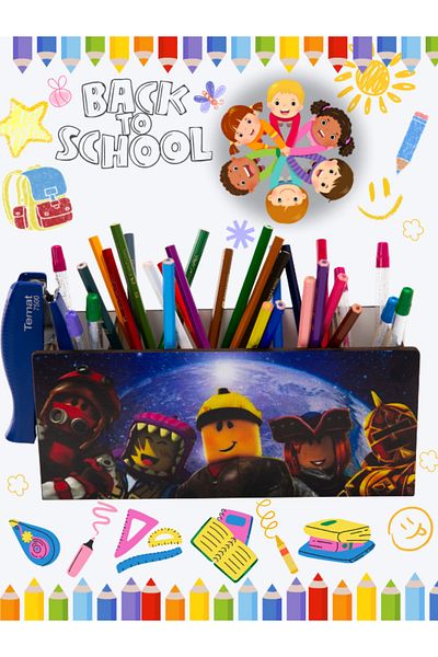 Deep Craft Wooden Table Top Square Pen Holder & Organizer for Kids-Roblox