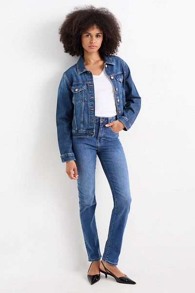 Sezka Life Pantaloni drepți retro albastru închis cu talie înaltă
