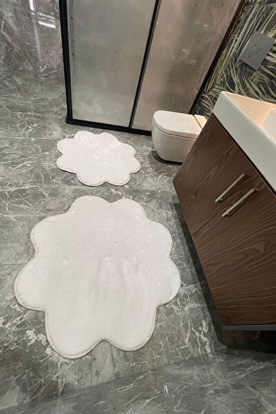 tropikal home Σετ 2 λευκών χαλιών μπάνιου βελούδινο σετ τουαλέτας μετά το χαλί (80x80 και 100x100)