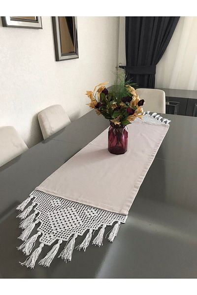 Parla Life Knitted Motif Tasseled Linen Fabric Runner 40x140 Cm