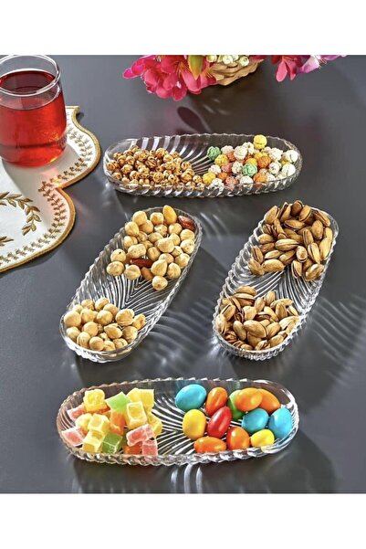 DİBA AVM 4 Pieces Glass Oval Herringbone Snack Fruit Appetizer Plate 4 Pieces Presentation Plate Breakfast Presentation Plate 19 cm