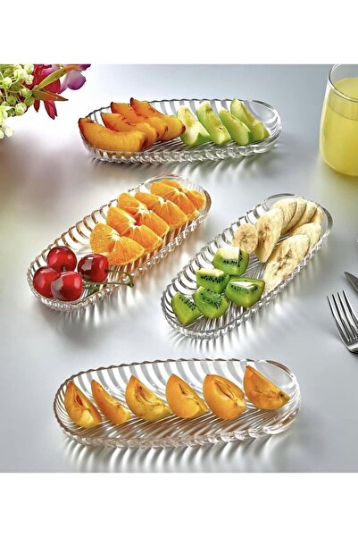 DİBA AVM 4 Pieces Glass Oval Herringbone Snack Fruit Appetizer Plate 4 Pieces Presentation Plate Breakfast Presentation Plate 19 cm