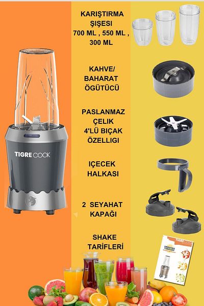 TIGRECOOK NUTRISHAKE 3 في 1 - خلاط عصير شخصي ومطحنة توابل القهوة مع شفرات من الفولاذ المقاوم للصدأ 1000 رمادي